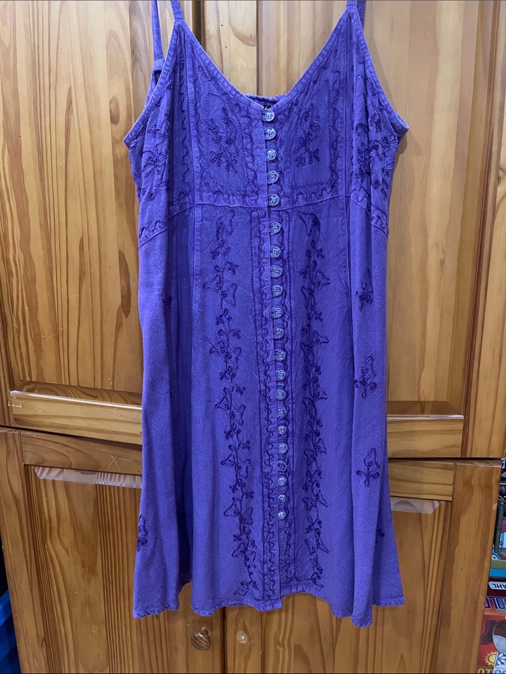 Purple Embroidered Button-Front Slip Dress